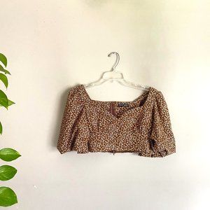 Brown Floral Puffy Sleeve Crop Top